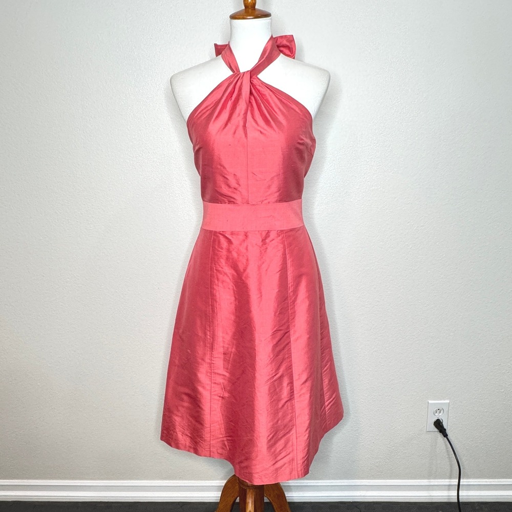 ARIA 100% Silk Halter Fit &‎ Flare Dress SM Coral Pinky Orange Lined Midi Party